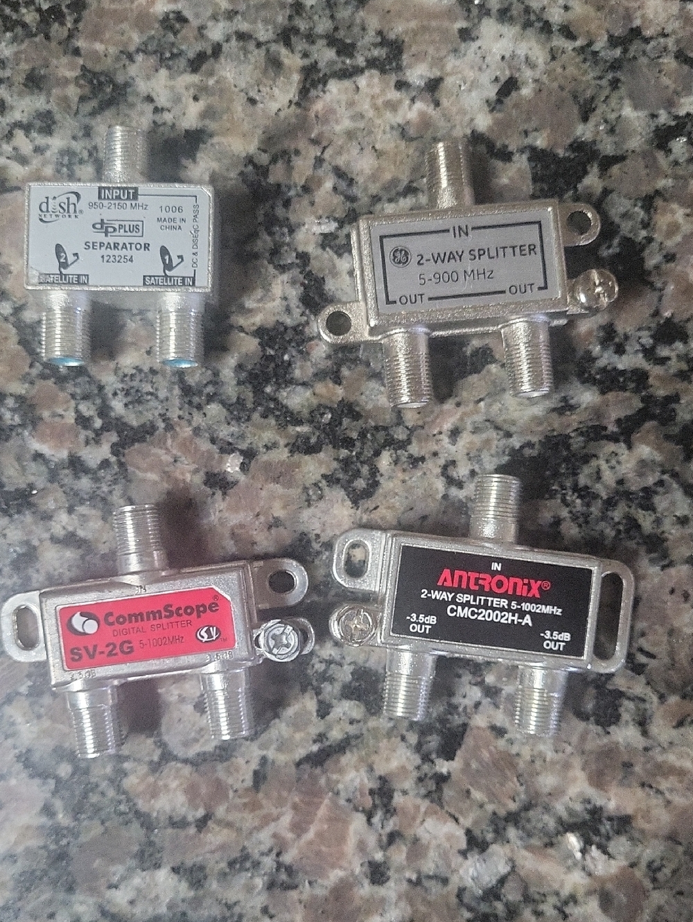 Lot of 4 Assorted Coaxial 2-Way Splitters - Silver gently used